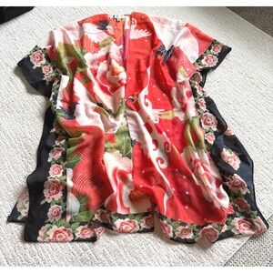 JC Sunny Silk Blend Crane Peony Kimono Topper Red Orange Black OS Floral Birds